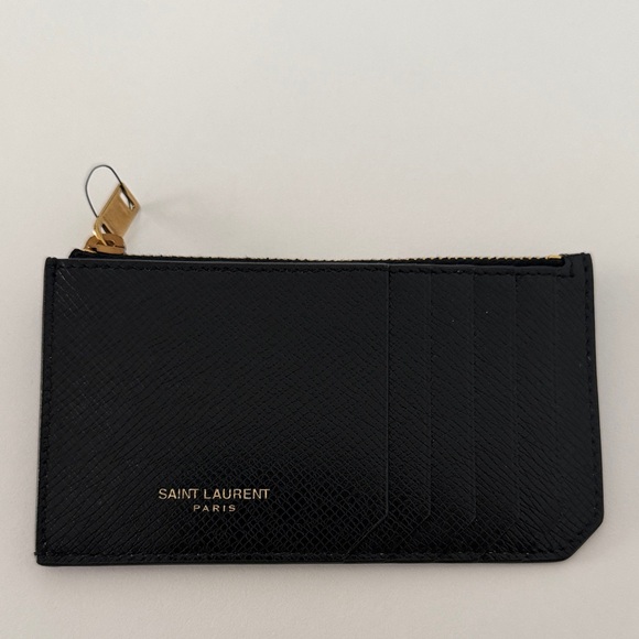 Brand NewSaint Laurent Black Leather Card Zip Pouch with Gold Hardware